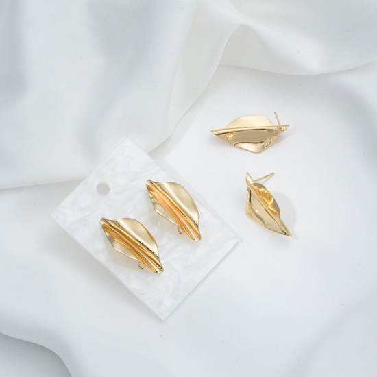 Picture of 1 Pair Brass Ear Post Stud Earring For DIY Jewelry Making Accessories 14K Real Gold Plated Leaf With Loop 3.1cm x 1.7cm