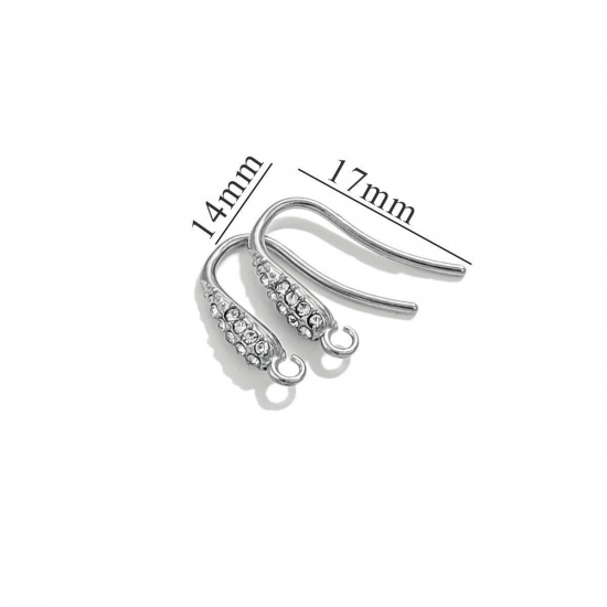 Picture of 4 PCs 304 Stainless Steel Ear Wire Hooks Earrings For DIY Jewelry Making Accessories Silver Tone Clear Rhinestone With Loop 14mm x 3mm, Post/ Wire Size: (20 gauge)