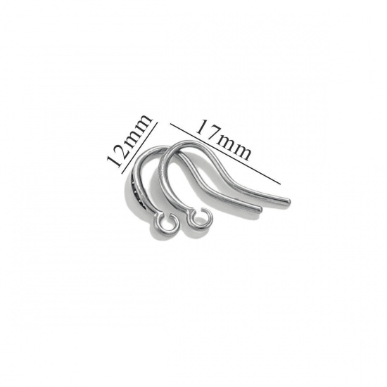 Picture of 4 PCs 304 Stainless Steel Ear Wire Hooks Earrings For DIY Jewelry Making Accessories Silver Tone Clear Rhinestone With Loop 12mm x 2mm, Post/ Wire Size: (20 gauge)