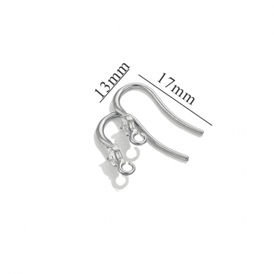 Picture of 4 PCs 304 Stainless Steel Ear Wire Hooks Earrings For DIY Jewelry Making Accessories Silver Tone Clear Rhinestone With Loop 14mm x 3.5mm, Post/ Wire Size: (20 gauge)