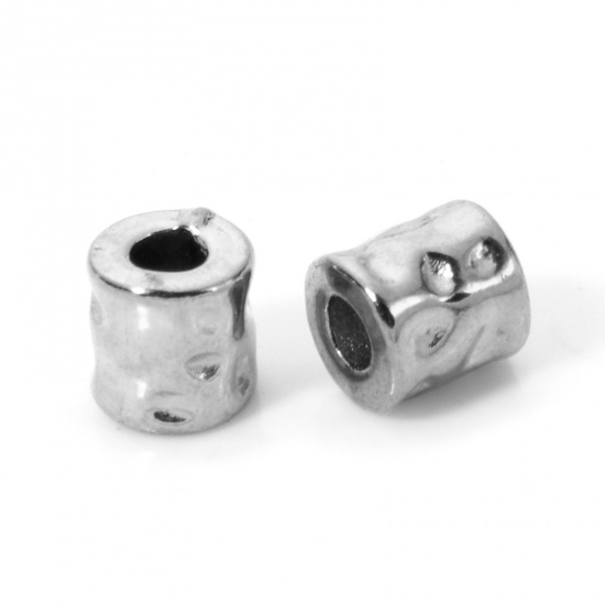 Picture of 5 PCs Eco-friendly 304 Stainless Steel Hammered Beads For DIY Jewelry Making Cylinder Silver Tone Hammered 4.5mm x 4mm, Hole: Approx 1.8mm