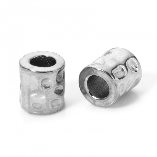 Picture of 5 PCs Eco-friendly 304 Stainless Steel Hammered Beads For DIY Jewelry Making Cylinder Silver Tone Hammered 6.5mm x 6mm, Hole: Approx 3mm