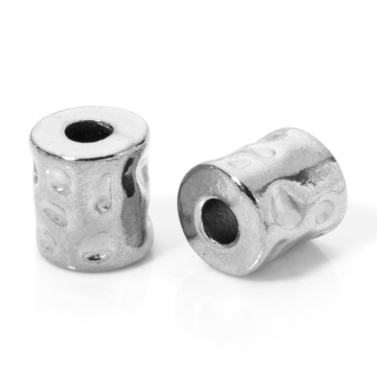 Picture of 5 PCs Eco-friendly 304 Stainless Steel Hammered Beads For DIY Jewelry Making Cylinder Silver Tone Hammered 9mm x 8mm, Hole: Approx 3mm