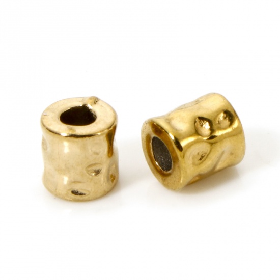 Picture of 5 PCs Eco-friendly Vacuum Plating 304 Stainless Steel Hammered Beads For DIY Jewelry Making Cylinder 18K Gold Plated Hammered 4.5mm x 4mm, Hole: Approx 1.8mm