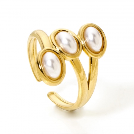Picture of Eco-friendly Vacuum Plating 304 Stainless Steel Open Adjustable Rings 18K Gold Plated Oval Acrylic Imitation Pearl