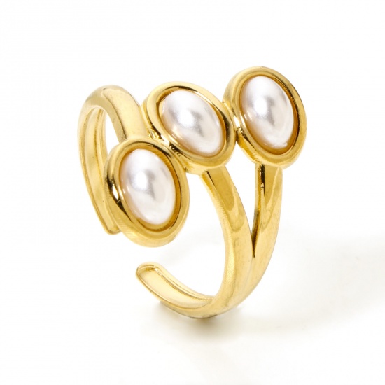 Picture of 1 Piece Eco-friendly Vacuum Plating 304 Stainless Steel Open Adjustable Rings 18K Gold Plated Oval Acrylic Imitation Pearl 17.3mm(US Size 7)