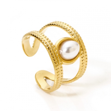 Picture of Wholesale Women's Gift Oval Acrylic Imitation Pearl Open Adjustable Rings, 18K Gold Plated 304 Stainless Steel, Eco-friendly Vacuum Plating Stylish Jewelry Supply, 18.1mm(US Size 8), 1 Piece