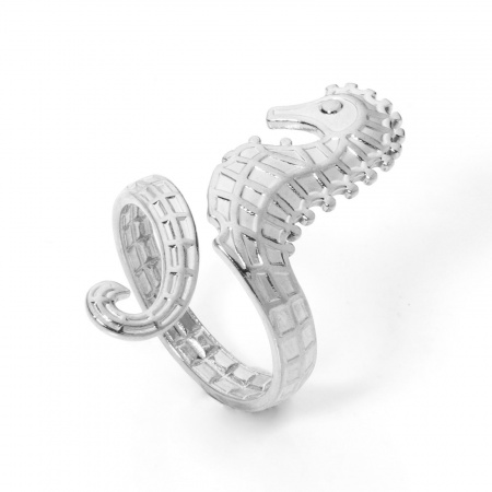 Bild von Großhandel Frauen Geschenk Seepferdchen Offen Verstellbar Ring, Silberfarbe 304 Edelstahl, Umweltfreundliche Vakuumbeschichtung Ozean Schmuck Stilvoll Schmuckbedarf, 17.7mm（US Größe:7.5), 1 Stück