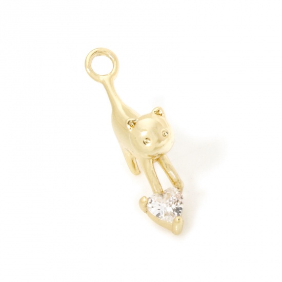 Image de 2 Pcs Breloques en Laiton Chat Plaqué Or 18K 3D à Zircone Cubique Clair 17.5mm x 9mm