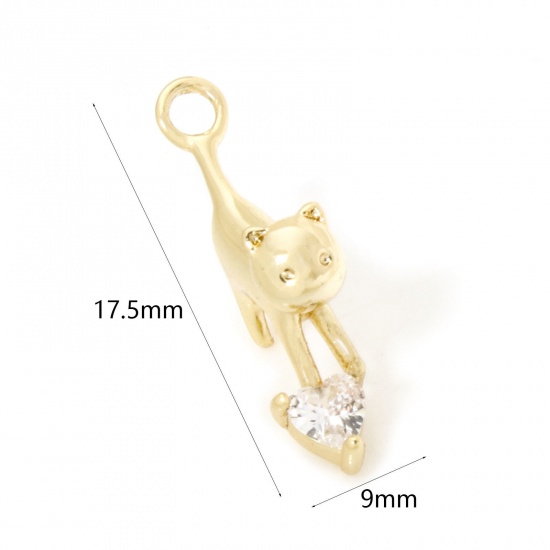 Image de 2 Pcs Breloques en Laiton Chat Plaqué Or 18K 3D à Zircone Cubique Clair 17.5mm x 9mm