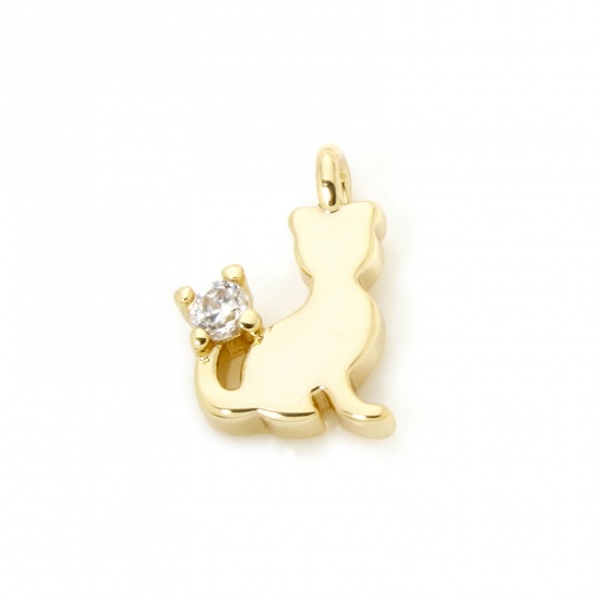 2 PCs Brass Charms 18K Gold Plated Cat Animal Mini Clear Cubic Zirconia 10mm x 7mm の画像