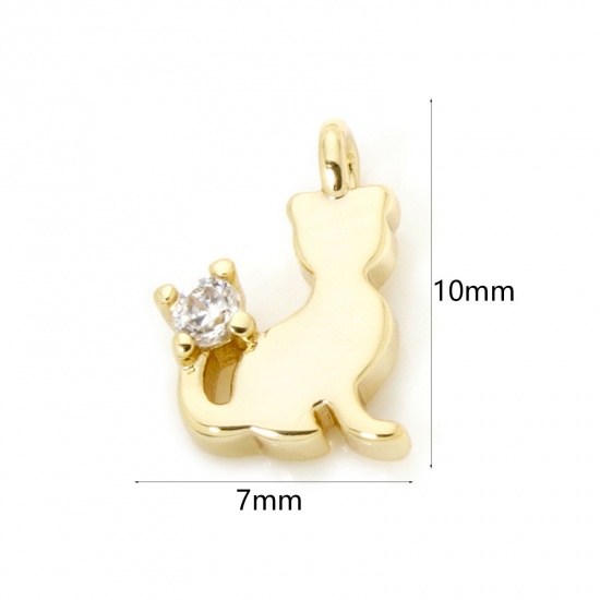 2 PCs Brass Charms 18K Gold Plated Cat Animal Mini Clear Cubic Zirconia 10mm x 7mm の画像