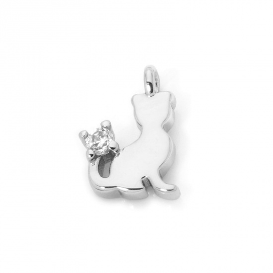 2 PCs Brass Charms Platinum Plated Cat Animal Mini Clear Cubic Zirconia 10mm x 7mm の画像