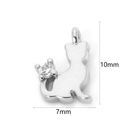 2 PCs Brass Charms Platinum Plated Cat Animal Mini Clear Cubic Zirconia 10mm x 7mm の画像