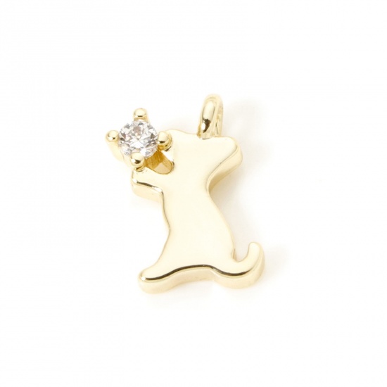 2 PCs Brass Charms 18K Gold Plated Dog Animal Mini Clear Cubic Zirconia 10mm x 6mm の画像