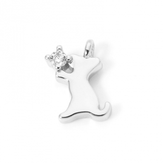 2 PCs Brass Charms Platinum Plated Dog Animal Mini Clear Cubic Zirconia 10mm x 6mm の画像