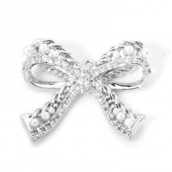 Picture of 1 Piece Brass Clothes Charms Platinum Plated Bowknot Micro Pave Clear Cubic Zirconia 21mm x 17mm