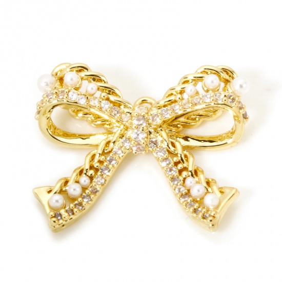 Picture of 1 Piece Brass Clothes Charms 18K Gold Plated Bowknot Micro Pave Clear Cubic Zirconia 21mm x 17mm