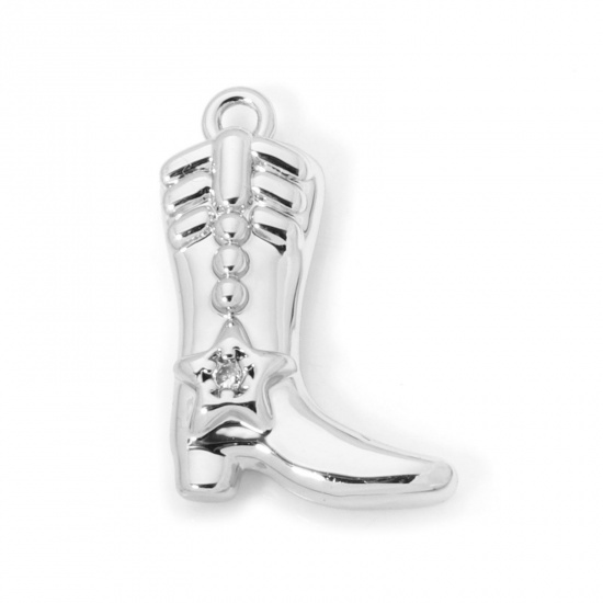 2 PCs Brass West Cowboy Charms Platinum Plated Boots Clear Cubic Zirconia 17mm x 12mm の画像