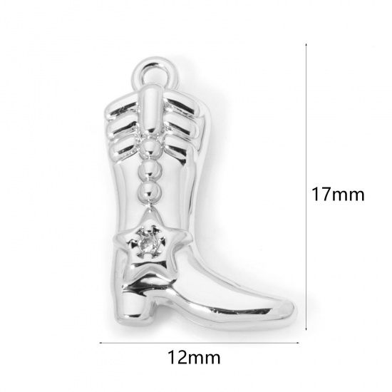 2 PCs Brass West Cowboy Charms Platinum Plated Boots Clear Cubic Zirconia 17mm x 12mm の画像