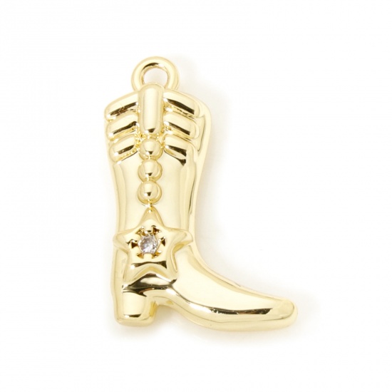 2 PCs Brass West Cowboy Charms 18K Gold Plated Boots Clear Cubic Zirconia 17mm x 12mm の画像