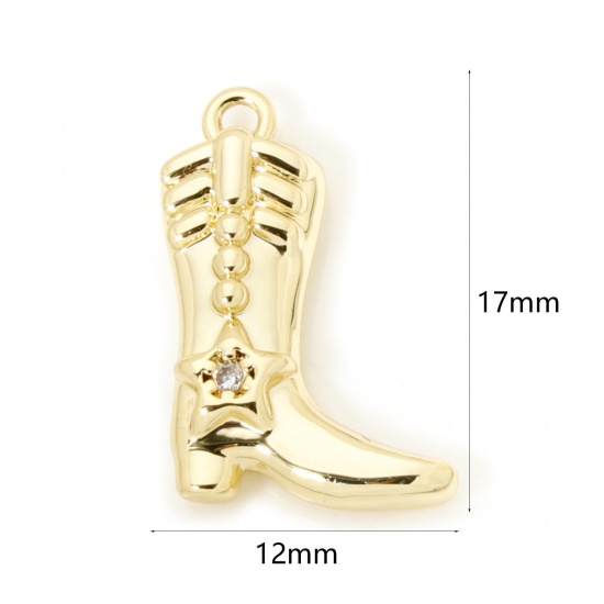 2 PCs Brass West Cowboy Charms 18K Gold Plated Boots Clear Cubic Zirconia 17mm x 12mm の画像