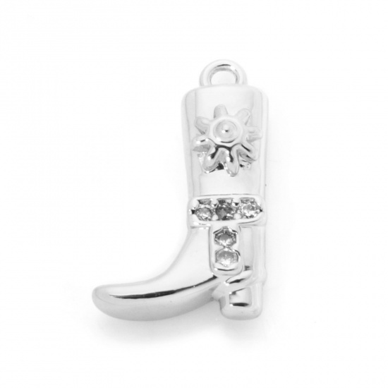 2 PCs Brass West Cowboy Charms Platinum Plated Boots Clear Cubic Zirconia 17mm x 11mm の画像