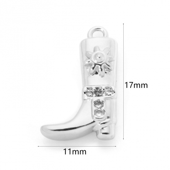 2 PCs Brass West Cowboy Charms Platinum Plated Boots Clear Cubic Zirconia 17mm x 11mm の画像