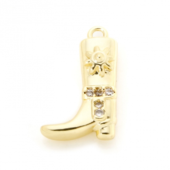 2 PCs Brass West Cowboy Charms 18K Gold Plated Boots Clear Cubic Zirconia 17mm x 11mm の画像