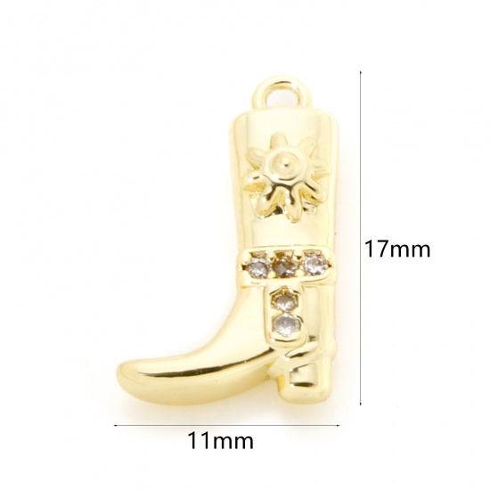 2 PCs Brass West Cowboy Charms 18K Gold Plated Boots Clear Cubic Zirconia 17mm x 11mm の画像