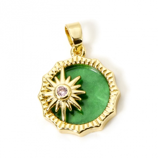 2 PCs Brass Galaxy Charm Pendant 18K Gold Plated Green Sun Star With Resin Cabochons 21mm x 15mm の画像