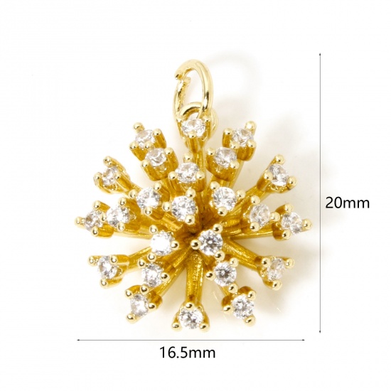 Picture of 1 Piece Brass Micro Pave Charms 18K Gold Plated Fireworks Clear Cubic Zirconia 20mm x 16.5mm