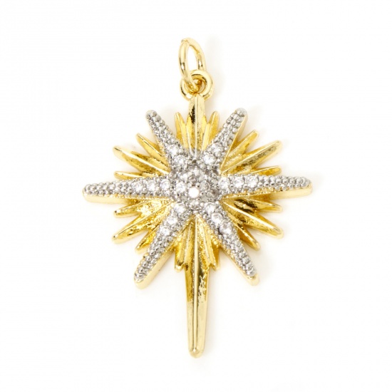 Picture of 1 Piece Brass Galaxy Pendants 18K Gold Plated Two Tone Star Micro Pave Clear Cubic Zirconia 3.1cm x 2.1cm