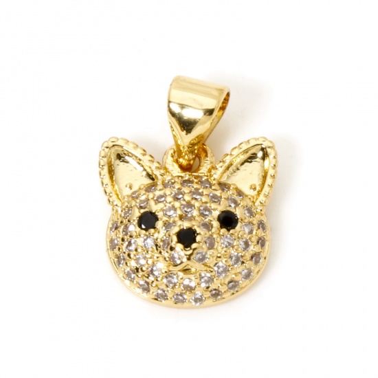 Bild von 1 Stück Messing Micro Pave Charm-Anhänger 18K Vergoldet Katze Klar Zirkonia 16mm x 12mm