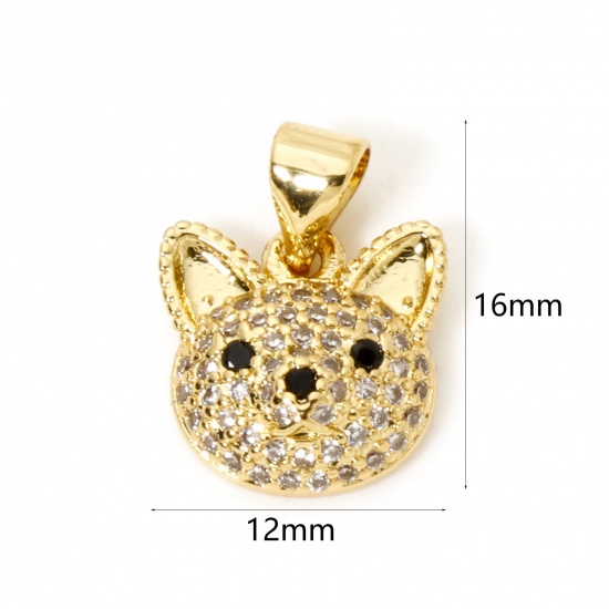 Bild von 1 Stück Messing Micro Pave Charm-Anhänger 18K Vergoldet Katze Klar Zirkonia 16mm x 12mm