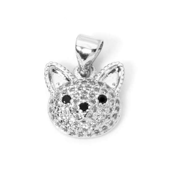 Bild von 1 Stück Messing Micro Pave Charm-Anhänger Platin Plattiert Katze Klar Zirkonia 16mm x 12mm