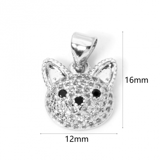 Bild von 1 Stück Messing Micro Pave Charm-Anhänger Platin Plattiert Katze Klar Zirkonia 16mm x 12mm