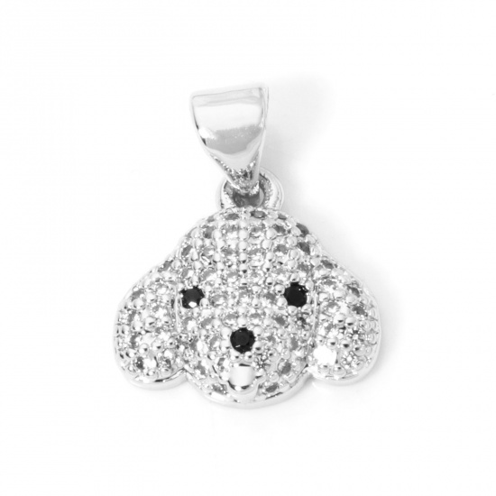 Bild von 1 Stück Messing Micro Pave Charm-Anhänger Platin Plattiert Hund Klar Zirkonia 17mm x 13mm