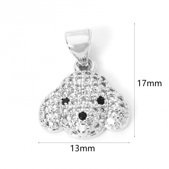 Bild von 1 Stück Messing Micro Pave Charm-Anhänger Platin Plattiert Hund Klar Zirkonia 17mm x 13mm