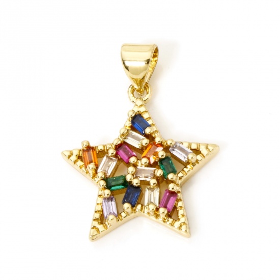 Picture of 1 Piece Brass Galaxy Charm Pendant 18K Gold Plated Pentagram Star Multicolour Cubic Zirconia 24mm x 18mm