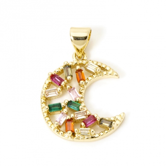 Picture of 1 Piece Brass Galaxy Charm Pendant 18K Gold Plated Half Moon Multicolour Cubic Zirconia 24mm x 16mm