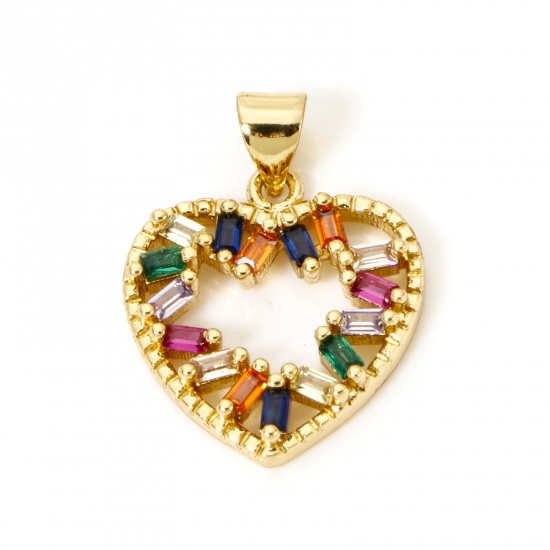 Picture of 1 Piece Brass Valentine's Day Charm Pendant 18K Gold Plated Heart Multicolour Cubic Zirconia 23mm x 17mm