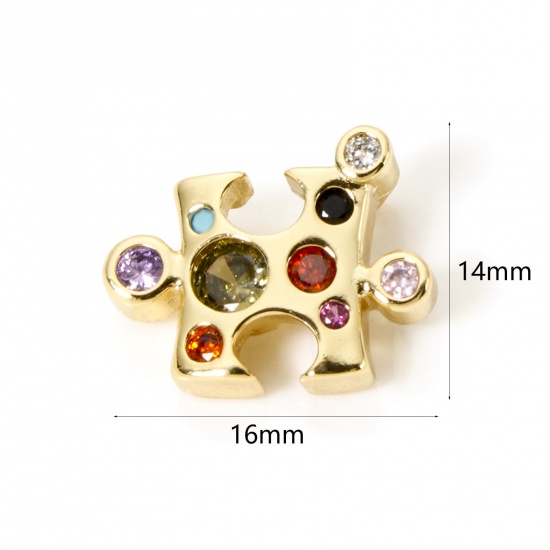 Picture of 1 Piece Brass Charms 18K Gold Plated Jigsaw Multicolour Cubic Zirconia 16mm x 14mm