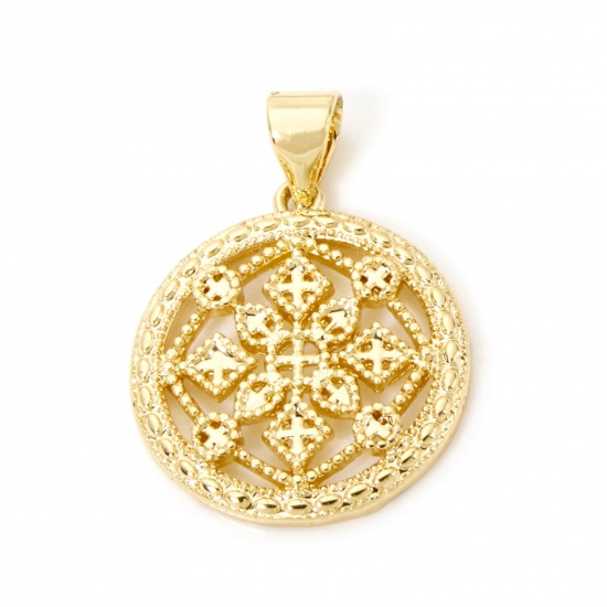 Picture of 1 Piece Brass Style Of Royal Court Character Charm Pendant 18K Gold Plated Round Filigree 24mm x 17mm