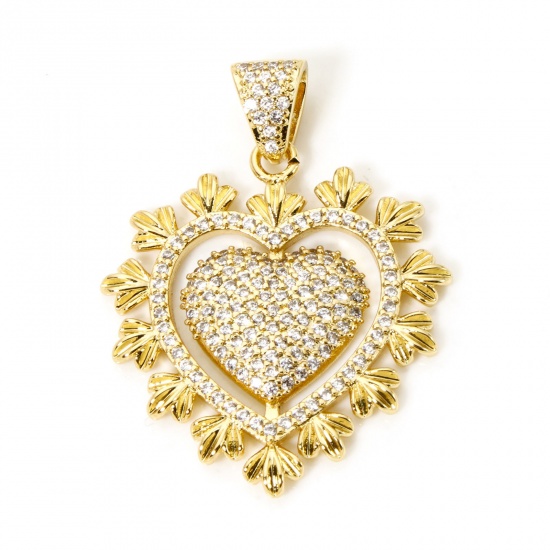 1 Piece Brass Valentine's Day Pendants 18K Gold Plated Heart Micro Pave Clear Cubic Zirconia 3.7cm x 2.8cm の画像