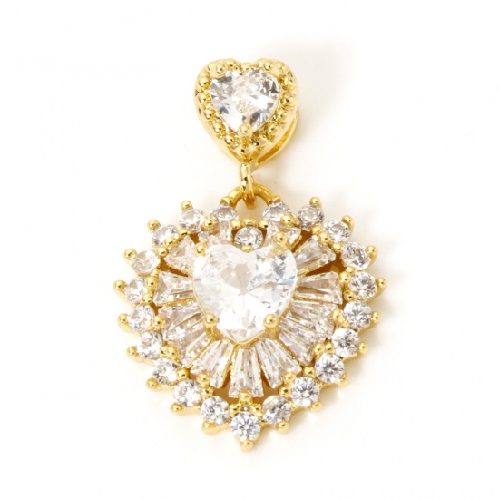 1 Piece Brass Valentine's Day Charms 18K Gold Plated Heart Clear Cubic Zirconia 24mm x 16mm の画像