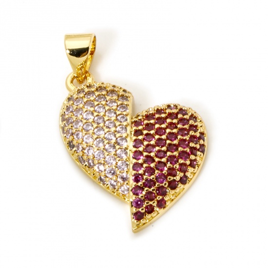 1 Piece Brass Valentine's Day Charm Pendant 18K Gold Plated Heart Micro Pave Clear & Red Cubic Zirconia 26mm x 15mm の画像