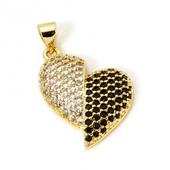 1 Piece Brass Valentine's Day Charm Pendant 18K Gold Plated Heart Micro Pave Clear & Black Cubic Zirconia 26mm x 15mm の画像