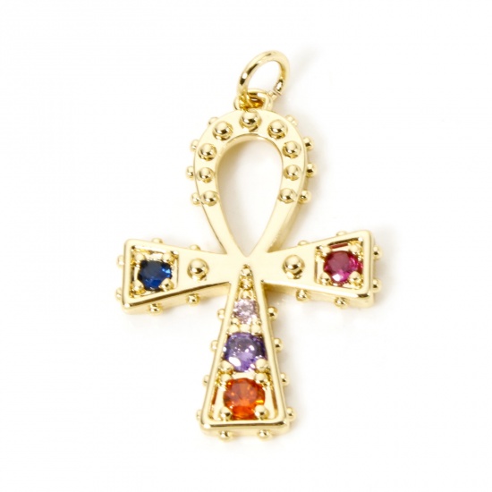 1 Piece Brass Religious Charm Pendant 18K Gold Plated Ankh Egyptian Cross Multicolour Cubic Zirconia 3.2cm x 2cm の画像