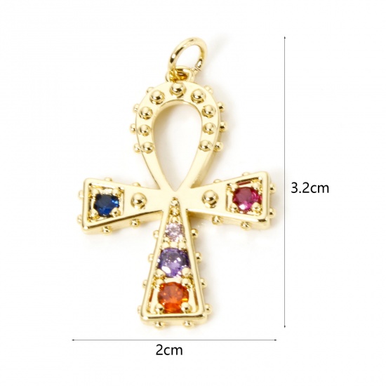 1 Piece Brass Religious Charm Pendant 18K Gold Plated Ankh Egyptian Cross Multicolour Cubic Zirconia 3.2cm x 2cm の画像